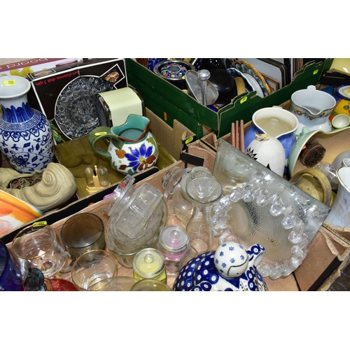 703 - FOUR BOXES OF CERAMICS,ETC INCLUDING TWO PIECES OF GOUDA POTTERY, the Gouda comprises a 2654 Blufri ... 