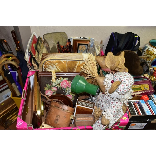 705 - THREE BOXES AND LOOSE OF CDS, DVDS, PRINTED EPHEMERA, SILVER PLATE, WALKING STICKS,GOLF CLUBS, UMBRE... 