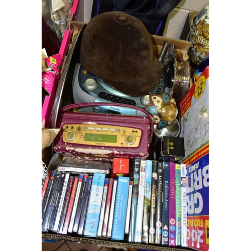 705 - THREE BOXES AND LOOSE OF CDS, DVDS, PRINTED EPHEMERA, SILVER PLATE, WALKING STICKS,GOLF CLUBS, UMBRE... 