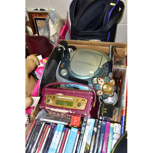 705 - THREE BOXES AND LOOSE OF CDS, DVDS, PRINTED EPHEMERA, SILVER PLATE, WALKING STICKS,GOLF CLUBS, UMBRE... 