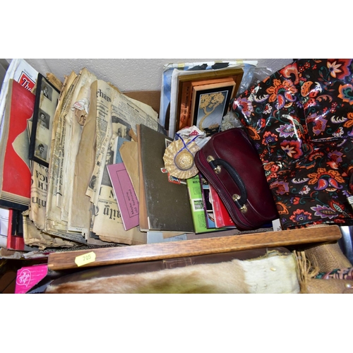 705 - THREE BOXES AND LOOSE OF CDS, DVDS, PRINTED EPHEMERA, SILVER PLATE, WALKING STICKS,GOLF CLUBS, UMBRE... 