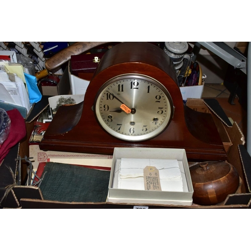 706 - FOUR BOXES OF NEEDLEWORK EQUIPMENT, PRINTED EPHEMERA, MAHOGANY CASED DOME TOP MANTEL CLOCK, MODEL BO... 