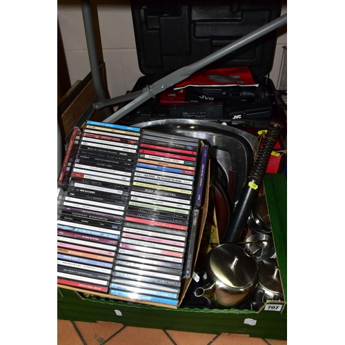 707 - THREE BOXES AND LOOSE CDS, PICTURES, METALWARE, ETC, including a boxed and cased JVC GR-C1 video mov... 