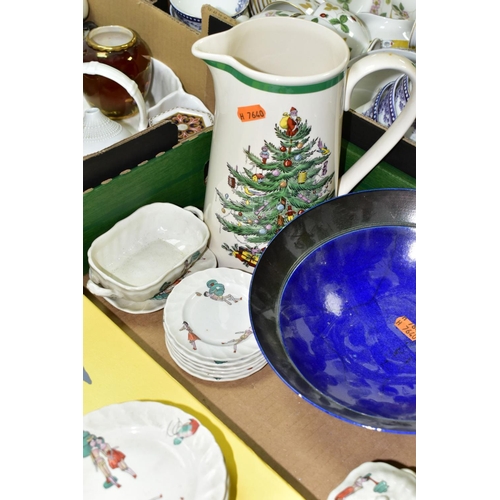 711 - TWO BOXES OF ASSORTED CERAMICS AND GLASSWARE INCLUDING SPODE, WEDGWOOD AND ROYAL CROWN DERBY, a Bist... 