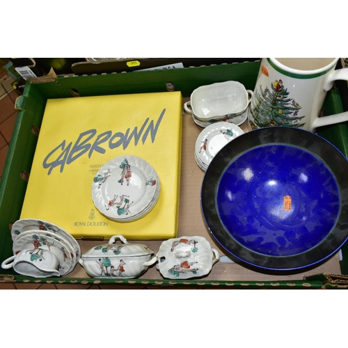 711 - TWO BOXES OF ASSORTED CERAMICS AND GLASSWARE INCLUDING SPODE, WEDGWOOD AND ROYAL CROWN DERBY, a Bist... 