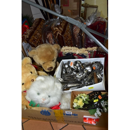 712 - FOUR BOXES AND LOOSE CHRISTMAS DECORATIONS, SOFT TOYS, PRINTS, CUSHIONS, METALWARES, ETC, including ... 