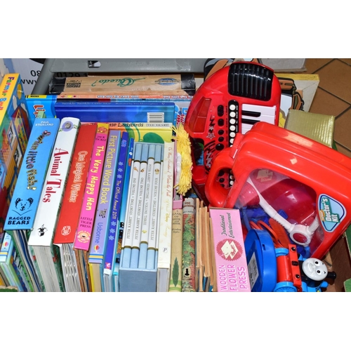 713 - FOUR BOXES AND LOOSE CHILDRENS TOYS, GAMES, BOOKS, ETC including an Early Learning Centre brick trol... 