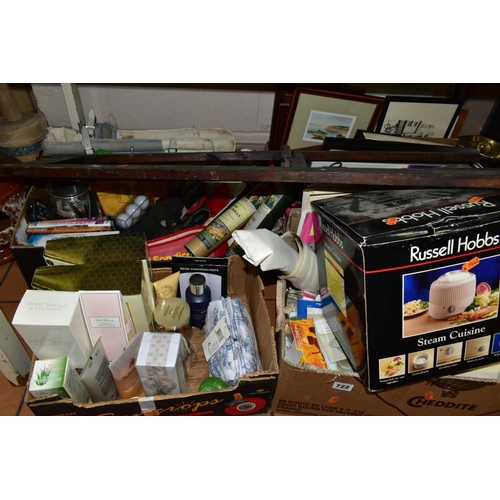 722 - FOUR BOXES OF ASSORTED SUNDRY ITEMS ETC, to include boxed Marks & Spencer toiletries and diffusers, ... 