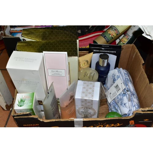 722 - FOUR BOXES OF ASSORTED SUNDRY ITEMS ETC, to include boxed Marks & Spencer toiletries and diffusers, ... 