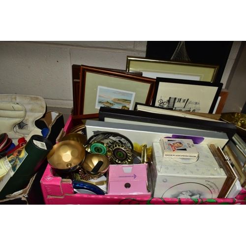 723 - TWO BOXES OF METAL WARES ETC, to include a pair of niello style candlesticks, three silver plated Ki... 