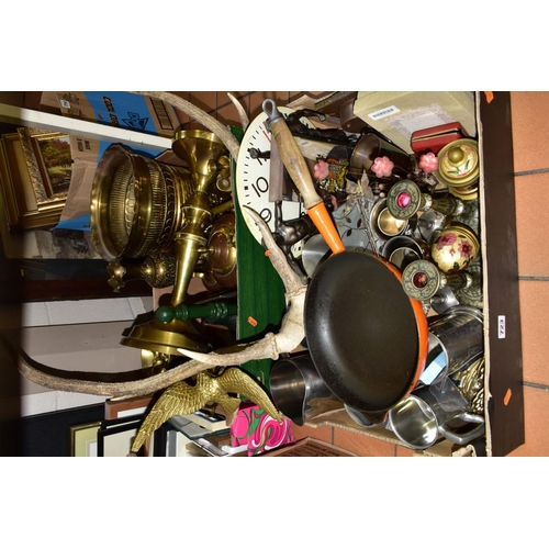 723 - TWO BOXES OF METAL WARES ETC, to include a pair of niello style candlesticks, three silver plated Ki... 