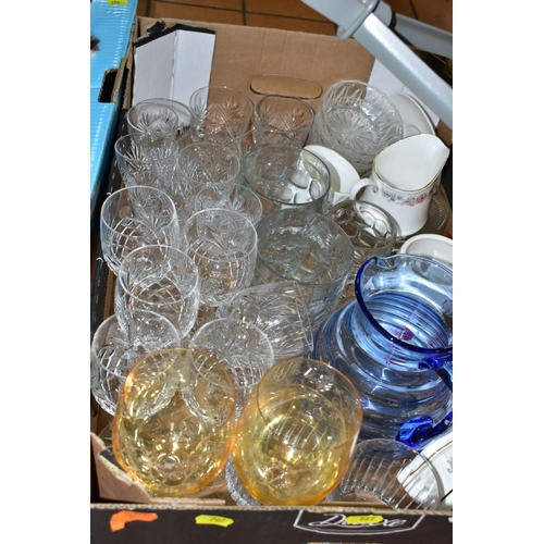 727 - FIVE BOXES AND LOOSE GLASSWARE, CERAMICS, PICTURES, SUNDRY HOUSEHOLD ITEMS, ETC, including approxima... 