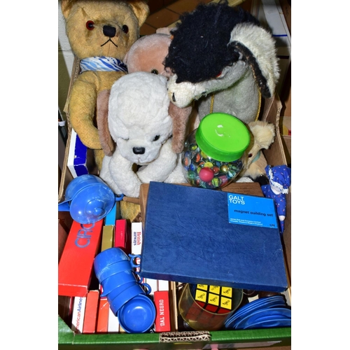 731 - THREE BOXES AND LOOSE BOXED BOARD GAMES, CHILDREN'S TOYS, SOFT TOYS, ETC including Connect by James ... 