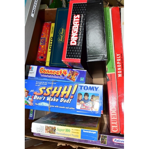 731 - THREE BOXES AND LOOSE BOXED BOARD GAMES, CHILDREN'S TOYS, SOFT TOYS, ETC including Connect by James ... 