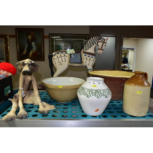 733 - FIVE CERAMIC ITEMS AND A DECORATIVE MODEL ROCKING HORSE, comprising a pottery figure of a seated cha... 