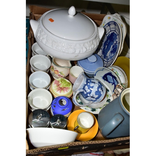 734 - SIX BOXES OF ASSORTED CERAMICS AND GLASSWARE, including a Continental porcelain figure of a man and ... 