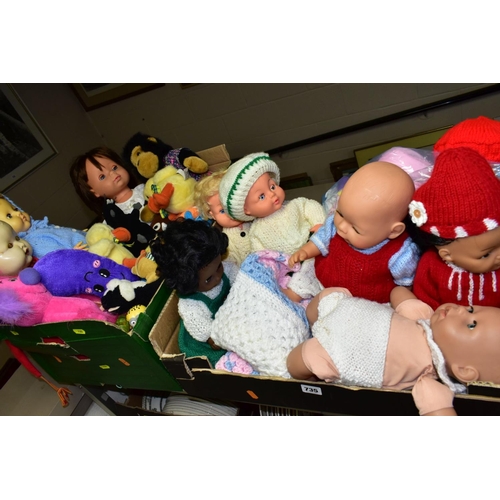 735 - TWO BOXES OF PLASTIC DOLLS AND SOFT TOYS, MOSTLY LATE 20TH / EARLY 21ST CENTURY IN DATE,  comprising... 