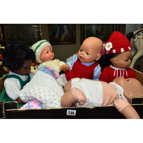 735 - TWO BOXES OF PLASTIC DOLLS AND SOFT TOYS, MOSTLY LATE 20TH / EARLY 21ST CENTURY IN DATE,  comprising... 