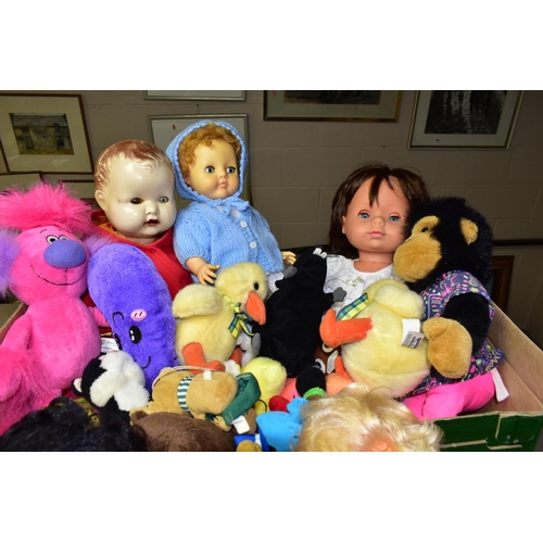 735 - TWO BOXES OF PLASTIC DOLLS AND SOFT TOYS, MOSTLY LATE 20TH / EARLY 21ST CENTURY IN DATE,  comprising... 