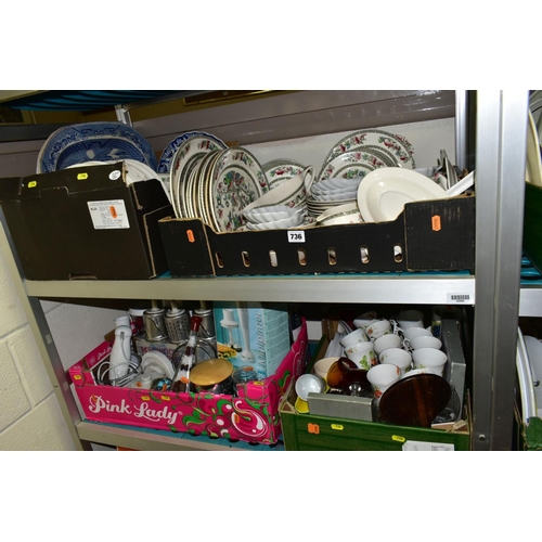 736 - FOUR BOXES OF KITCHEN HOMEWARES, CERAMICS AND GLASSWARE, including a large quantity of Johnson Bros ... 