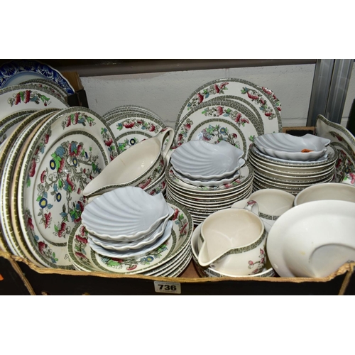 736 - FOUR BOXES OF KITCHEN HOMEWARES, CERAMICS AND GLASSWARE, including a large quantity of Johnson Bros ... 