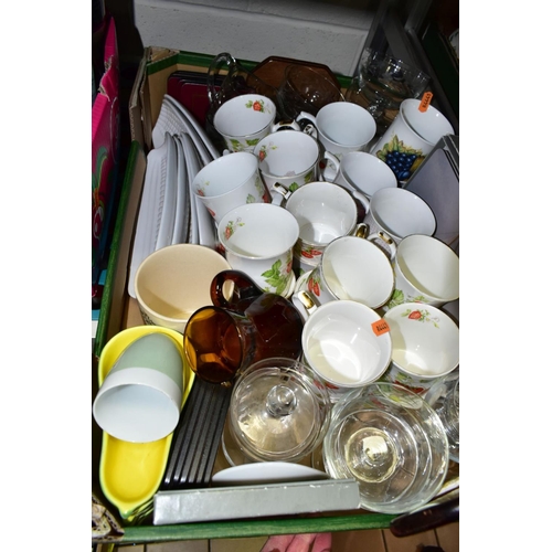 736 - FOUR BOXES OF KITCHEN HOMEWARES, CERAMICS AND GLASSWARE, including a large quantity of Johnson Bros ... 