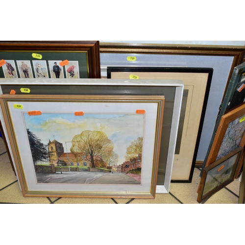 739 - Paintings and prints etc, to include a R Sharps study of the Old Customs House Aldeburgh, oil on boa... 