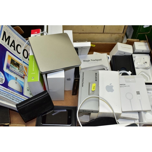 743 - A BOX AND LOOSE OF MOSTLY APPLE ITEMS, comprising a boxed white MacBook 13-inch widescreen notebook,... 