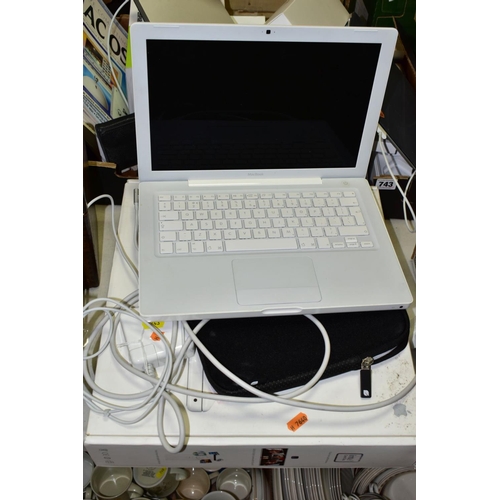 743 - A BOX AND LOOSE OF MOSTLY APPLE ITEMS, comprising a boxed white MacBook 13-inch widescreen notebook,... 