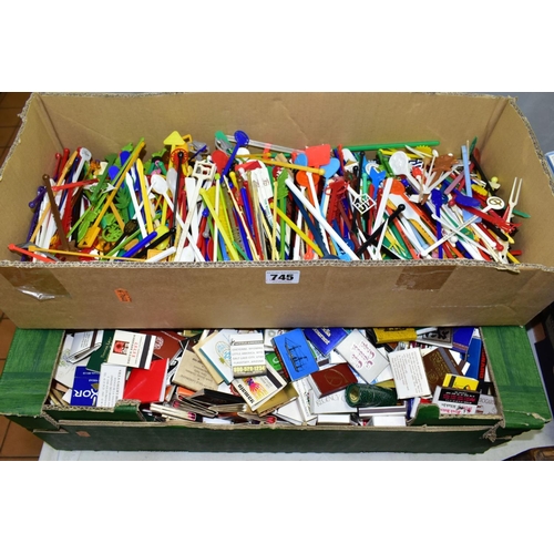 745 - TWO BOXES CONTAINING A COLLECTION OF MATCHBOXES AND PLASTIC COCKTAIL STIRRERS, assorted brands (2 bo... 