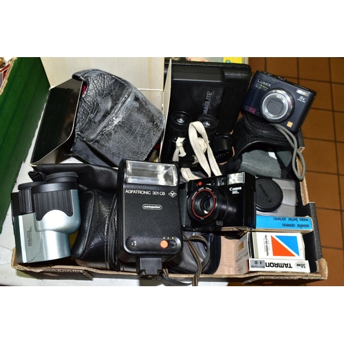 747 - A BOX OF PHOTOGRAPHIC EQUIPMENT AND BINOCULARS, ETC, including a Canon ML film camera, a Canon IXUS ... 