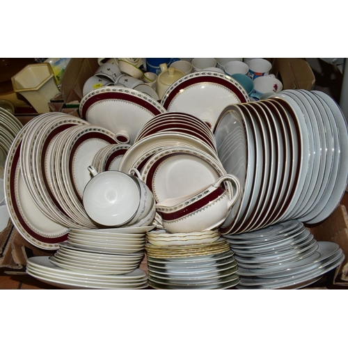 748 - FOUR BOXES OF ASSORTED DINNER, TEA AND KITCHEN WARES, including a Crown Ducal part dinner service, g... 