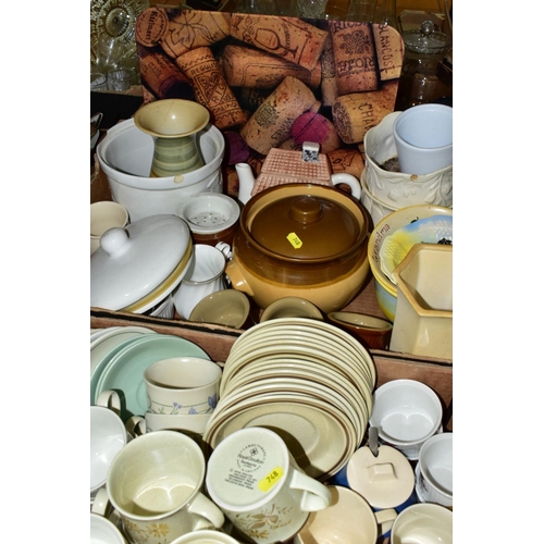 748 - FOUR BOXES OF ASSORTED DINNER, TEA AND KITCHEN WARES, including a Crown Ducal part dinner service, g... 