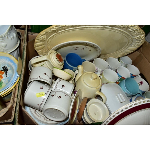 748 - FOUR BOXES OF ASSORTED DINNER, TEA AND KITCHEN WARES, including a Crown Ducal part dinner service, g... 