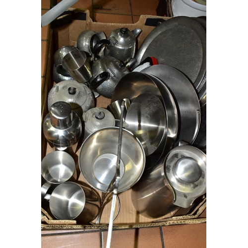 749 - A BOX OF METALWARES, including Old Hall stainless steel designed by Robert Welsh, comprising an insu... 