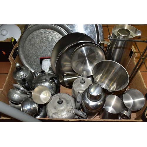 749 - A BOX OF METALWARES, including Old Hall stainless steel designed by Robert Welsh, comprising an insu... 