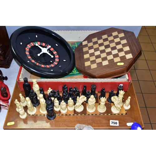 750 - A MODERN CHESS SET COMPRISING A WOODEN BOARD AND PLASTIC CHESS PIECES, together with an octagonal ma... 