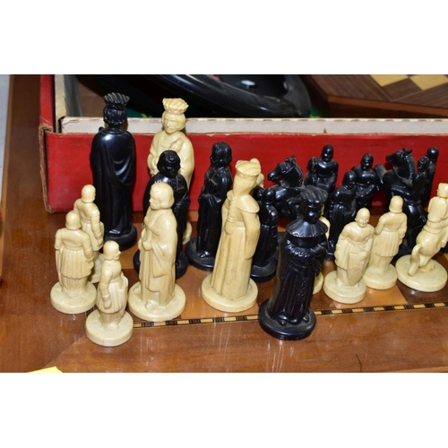 750 - A MODERN CHESS SET COMPRISING A WOODEN BOARD AND PLASTIC CHESS PIECES, together with an octagonal ma... 