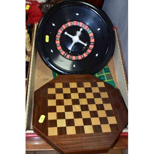 750 - A MODERN CHESS SET COMPRISING A WOODEN BOARD AND PLASTIC CHESS PIECES, together with an octagonal ma... 