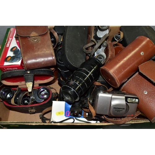 757 - A BOX OF  PHOTOGRAPHIC EQUIPMENT AND BINOCULARS ETC, to include  a Nettar 120 film camera, Olympus 1... 