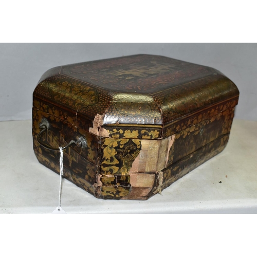 758 - A CHINOISERIE STYLE WRITING BOX, the exterior covered with figures, pagodas and repeat lacquer patte... 