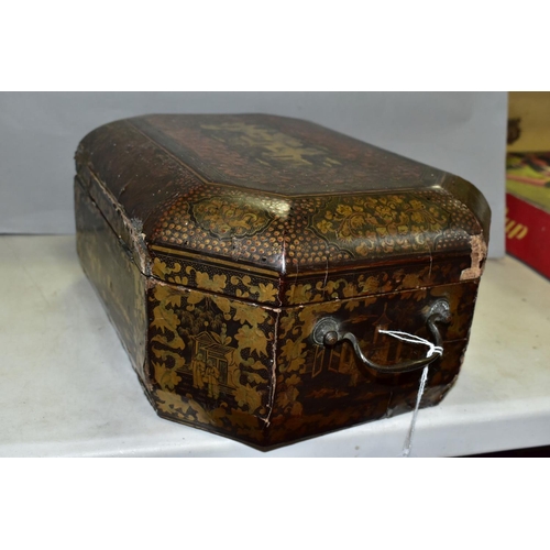 758 - A CHINOISERIE STYLE WRITING BOX, the exterior covered with figures, pagodas and repeat lacquer patte... 