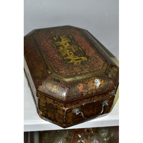 758 - A CHINOISERIE STYLE WRITING BOX, the exterior covered with figures, pagodas and repeat lacquer patte... 