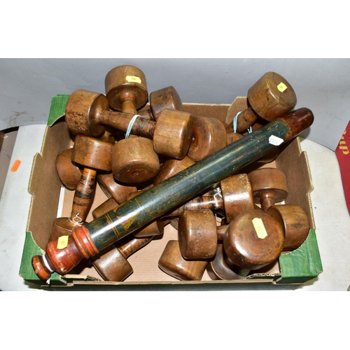 759 - EIGHT PAIRS OF VINTAGE WOODEN DUMBELLS, remains of some paint to the handles, approximate length 18c... 