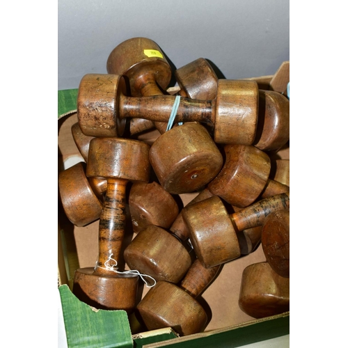 759 - EIGHT PAIRS OF VINTAGE WOODEN DUMBELLS, remains of some paint to the handles, approximate length 18c... 