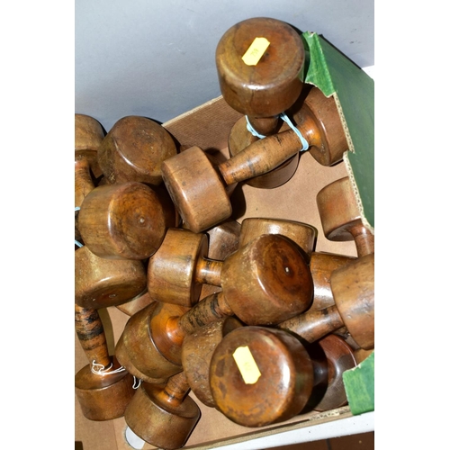 759 - EIGHT PAIRS OF VINTAGE WOODEN DUMBELLS, remains of some paint to the handles, approximate length 18c... 