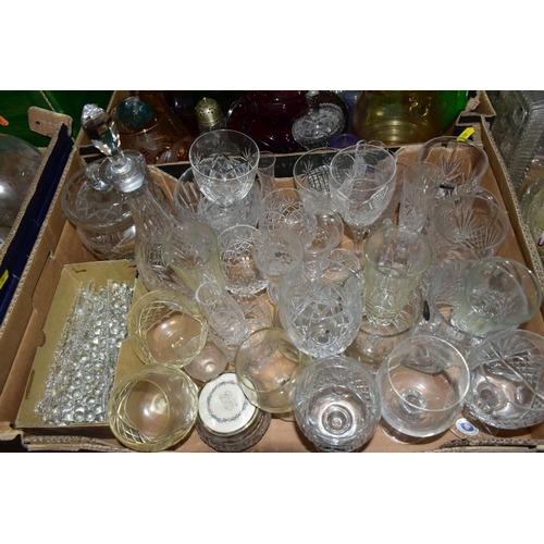 760 - FIVE BOXES OF GLASSWARES, to include cut glass and crystal drinking glasses and other items by Royal... 