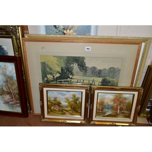 762 - A  QUANTITY OF PAINTINGS AND PRINTS ETC, to include two watercolour landscapes circa 1930's/1940's, ... 