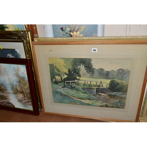 762 - A  QUANTITY OF PAINTINGS AND PRINTS ETC, to include two watercolour landscapes circa 1930's/1940's, ... 