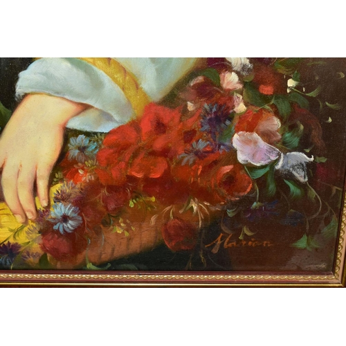 770 - PAINTINGS AND PRINTS ETC, to include a nostalgic portrait of a young girl with a basket of flowers, ... 